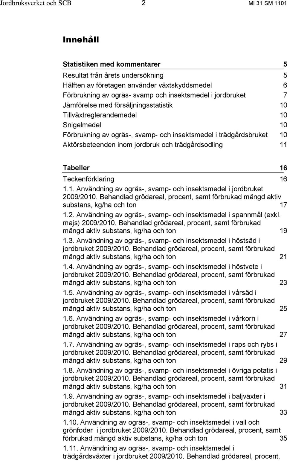 trädgårdsodling 5 5 6 7 10 10 10 10 11 Tabeller 16 Teckenförklaring 16 1.1. Användning av ogräs-, svamp- och insektsmedel i jordbruket 2009/2010.