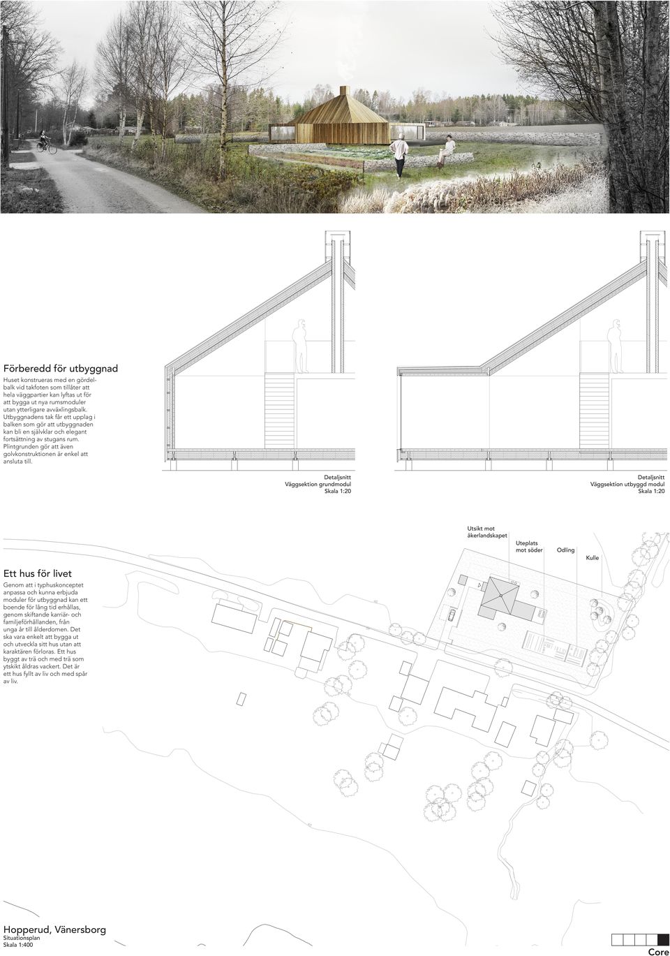 Detaljsnitt Väggsektion grundmodul Skala 1:20 Detaljsnitt Väggsektion utbyggd modul Skala 1:20 Utsikt mot åkerlandskapet Uteplats mot söder Kulle Ett hus för livet Genom att i typhuskonceptet anpassa