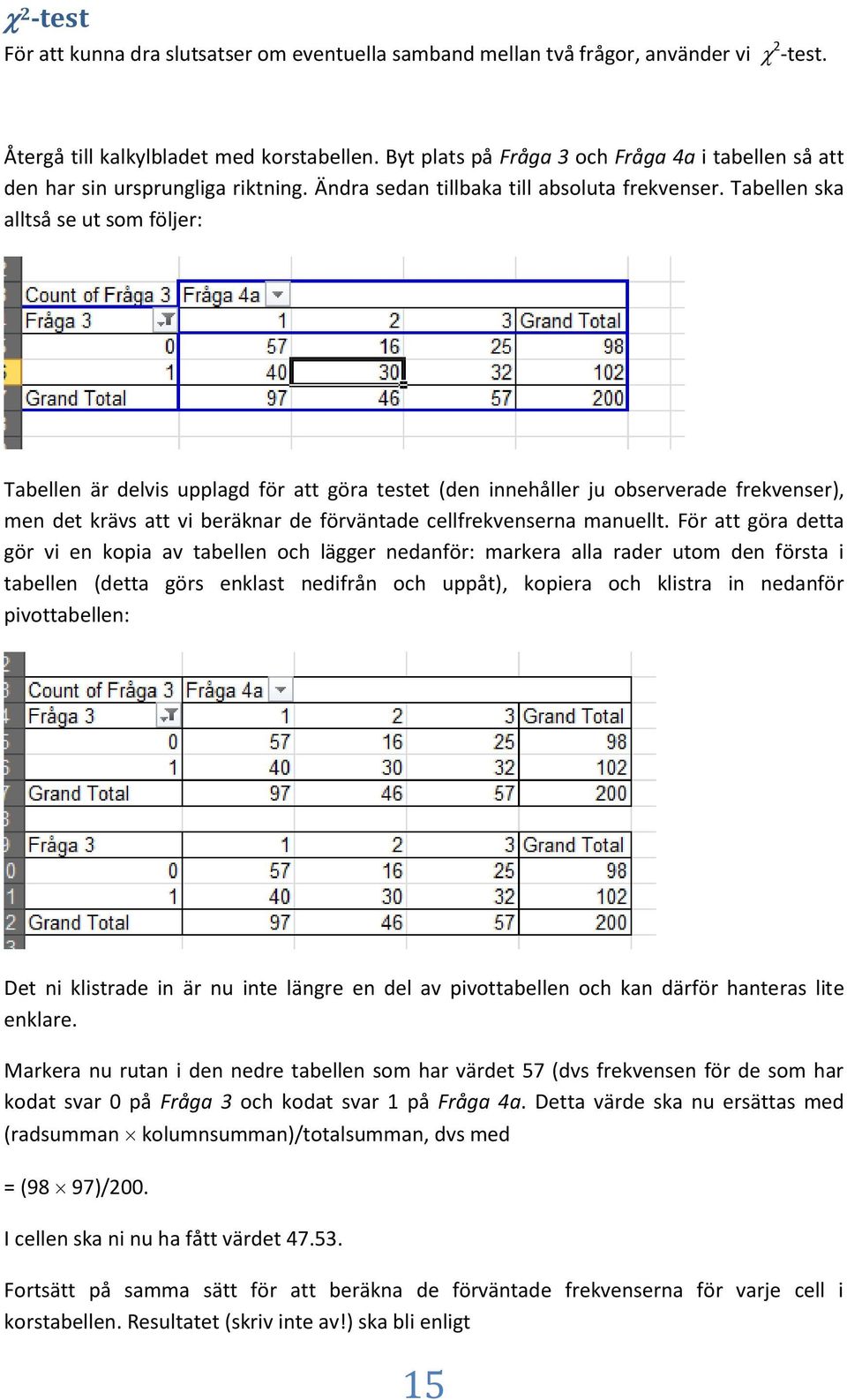 Tabellen ska alltså se ut som följer: Tabellen är delvis upplagd för att göra testet (den innehåller ju observerade frekvenser), men det krävs att vi beräknar de förväntade cellfrekvenserna manuellt.