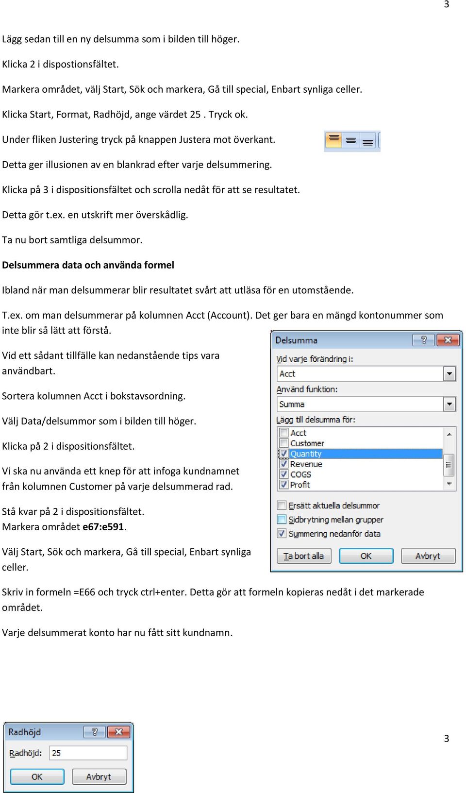 Klicka på 3 i dispositionsfältet och scrolla nedåt för att se resultatet. Detta gör t.ex. en utskrift mer överskådlig. Ta nu bort samtliga delsummor.