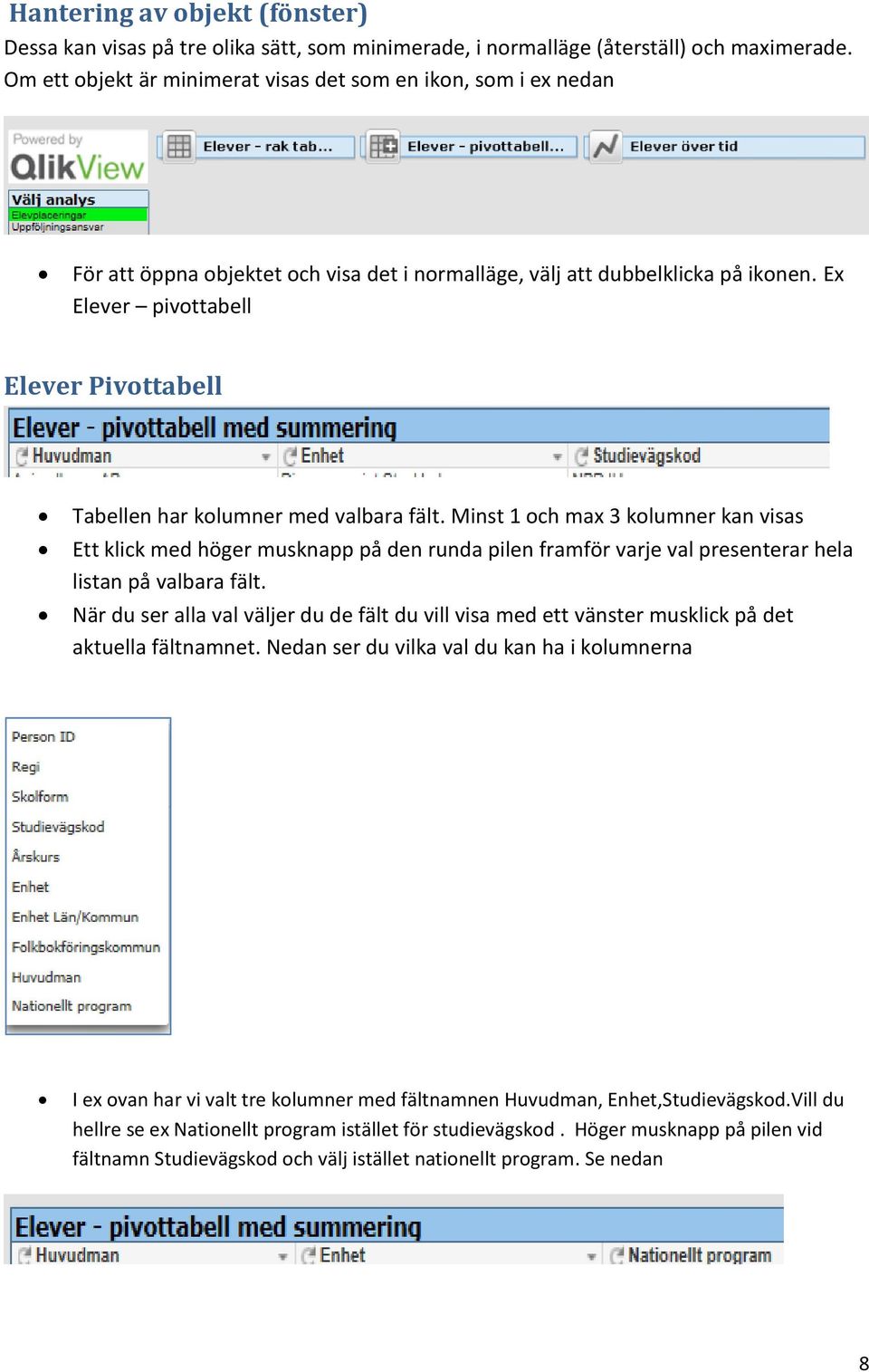 Ex Elever pivottabell Elever Pivottabell Tabellen har kolumner med valbara fält.