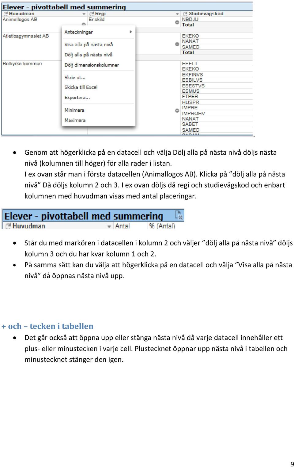 Står du med markören i datacellen i kolumn 2 och väljer dölj alla på nästa nivå döljs kolumn 3 och du har kvar kolumn 1 och 2.