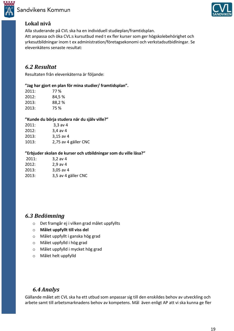 Se elevenkätens senaste resultat: 6.2 Resultat Resultaten från elevenkäterna är följande: Jag har gjrt en plan för mina studier/ framtidsplan.