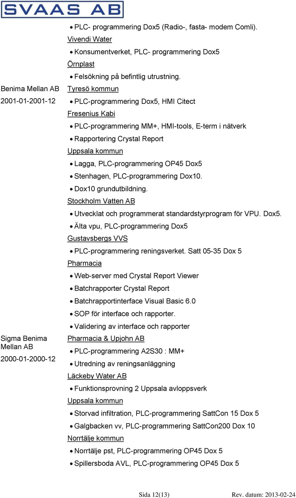 Tyresö kommun PLC-programmering Dox5, HMI Citect Fresenius Kabi PLC-programmering MM+, HMI-tools, E-term i nätverk Rapportering Crystal Report Lagga, PLC-programmering OP45 Dox5 Stenhagen,