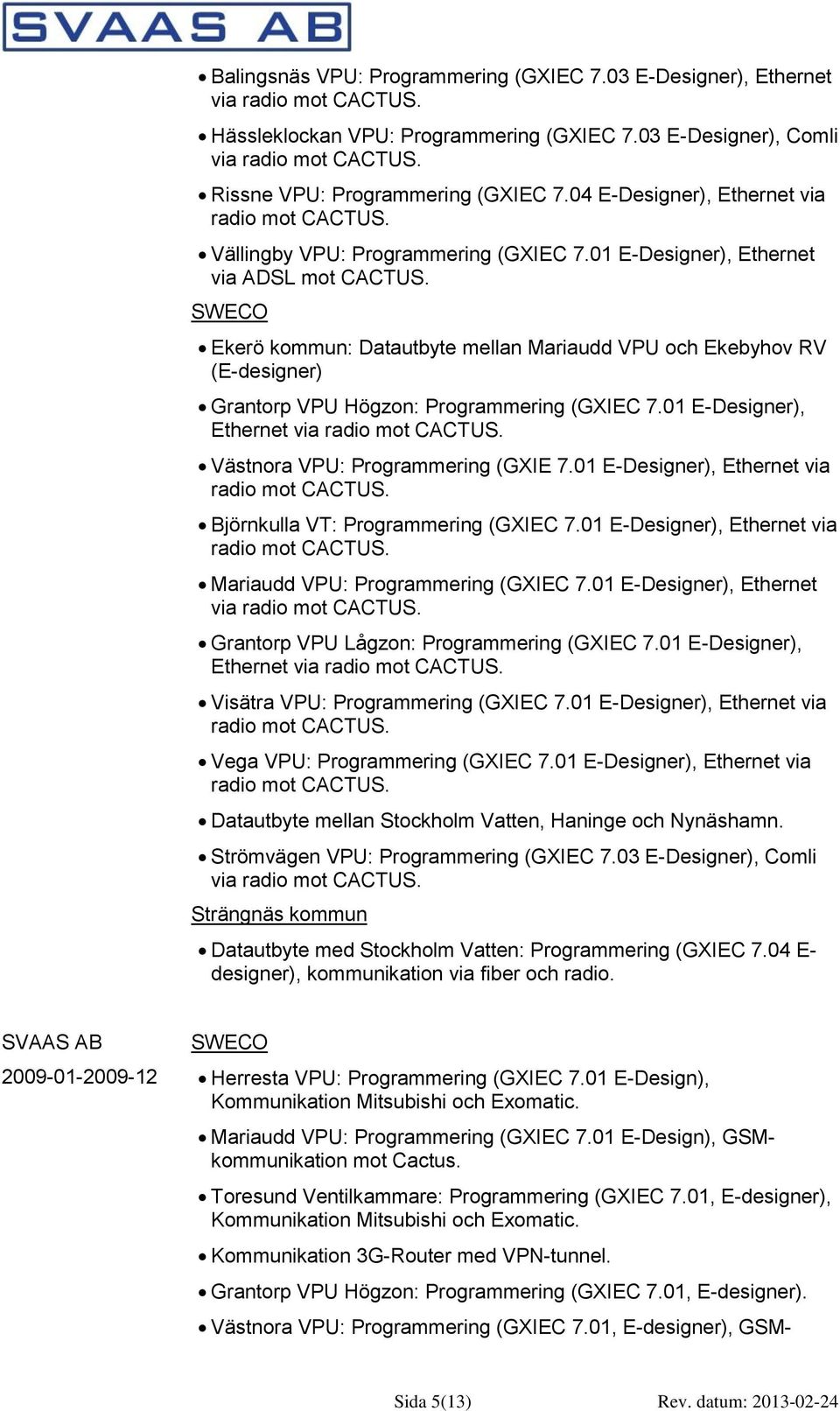 SWECO Ekerö kommun: Datautbyte mellan Mariaudd VPU och Ekebyhov RV (E-designer) Grantorp VPU Högzon: Programmering (GXIEC 7.01 E-Designer), Ethernet via radio mot CACTUS.