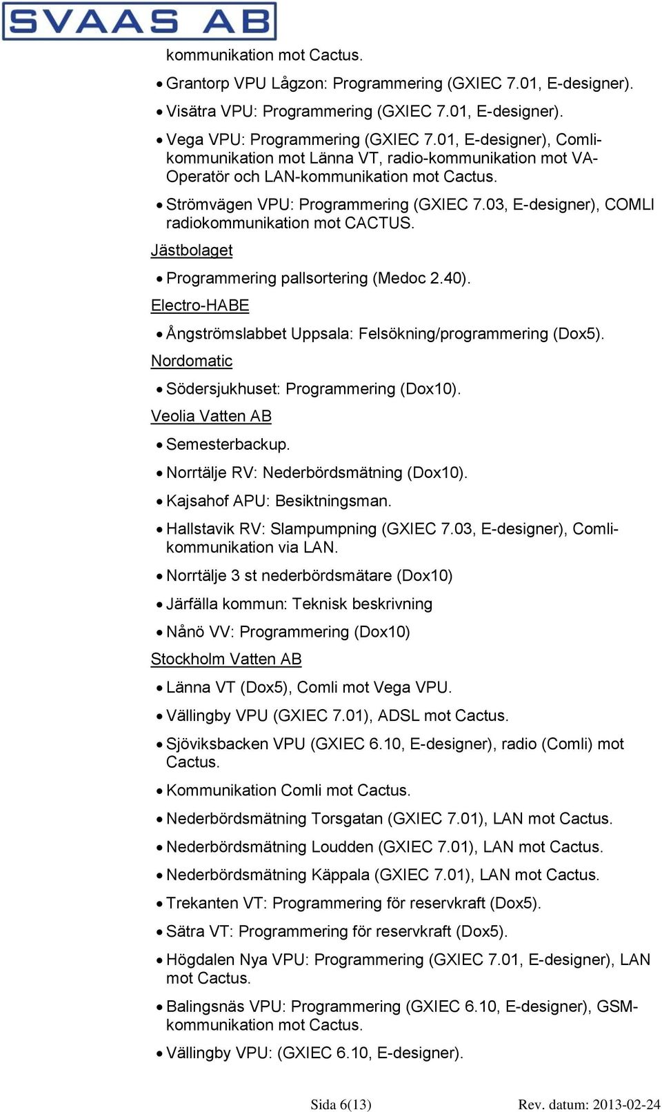 03, E-designer), COMLI radiokommunikation mot CACTUS. Jästbolaget Programmering pallsortering (Medoc 2.40). Electro-HABE Ångströmslabbet Uppsala: Felsökning/programmering (Dox5).
