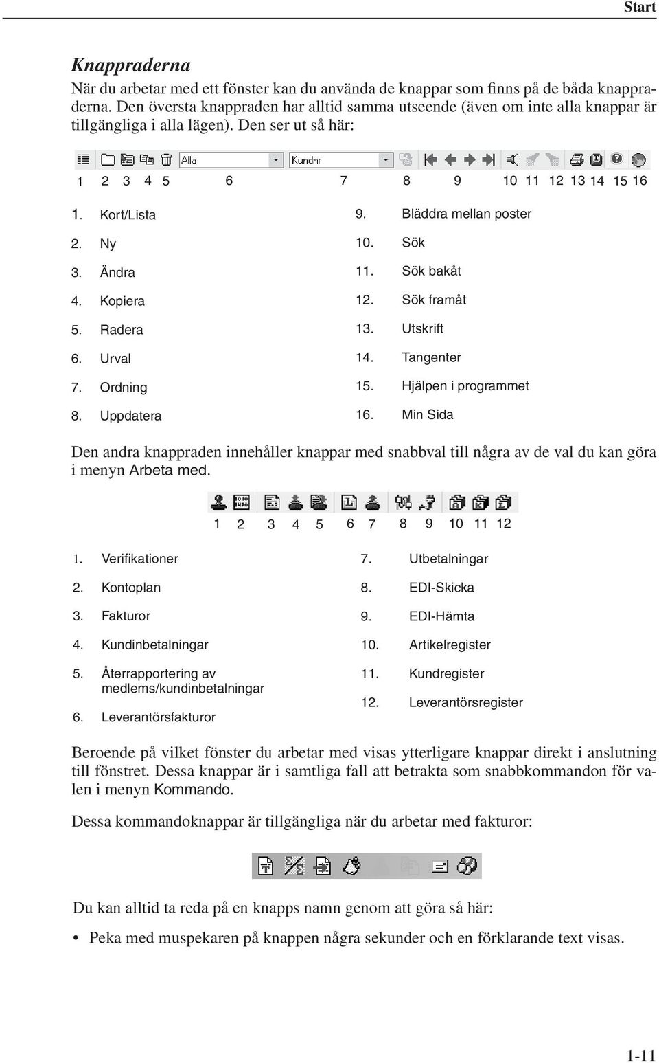 Kopiera 5. Radera 6. Urval 7. Ordning 8. Uppdatera 9. Bläddra mellan poster 10. Sök 11. Sök bakåt 12. Sök framåt 13. Utskrift 14. Tangenter 15. Hjälpen i programmet 16.