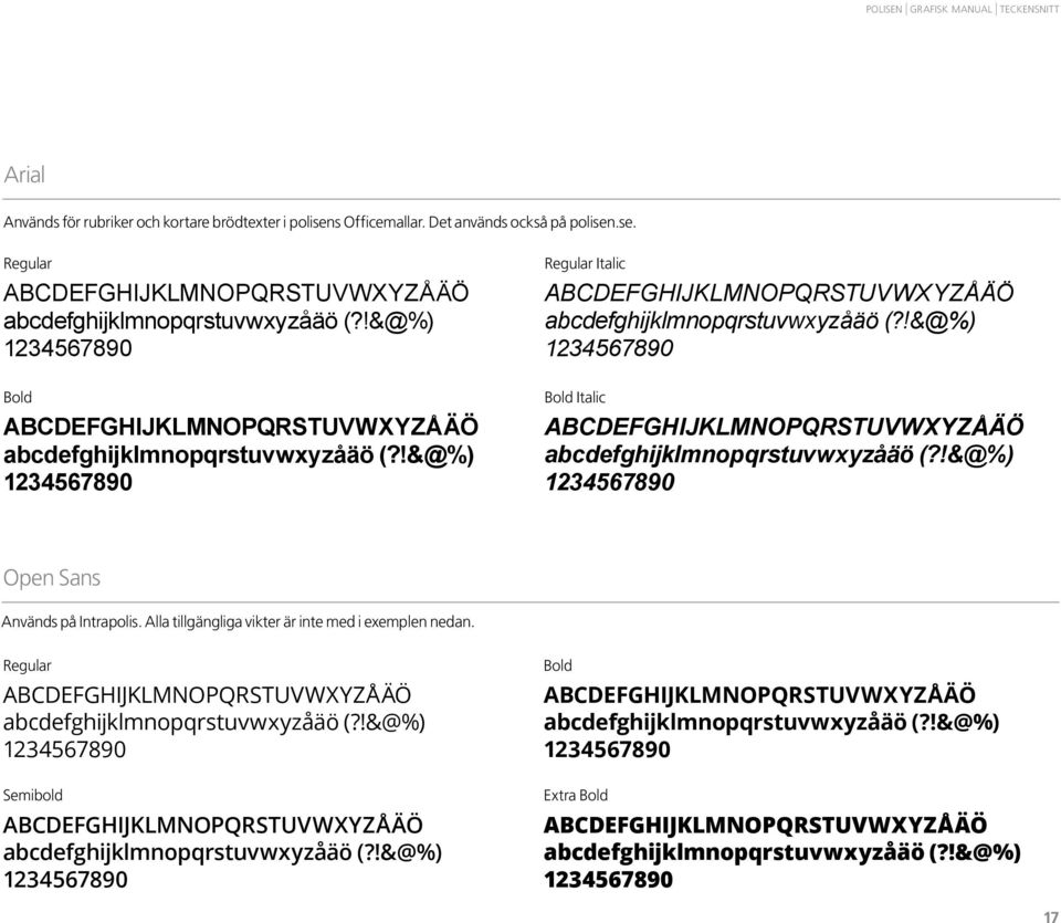!&@%) 1234567890 Bold Italic ABCDEFGHIJKLMNOPQRSTUVWXYZÅÄÖ abcdefghijklmnopqrstuvwxyzåäö (?!&@%) 1234567890 Open Sans Används på Intrapolis. Alla tillgängliga vikter är inte med i exemplen nedan.