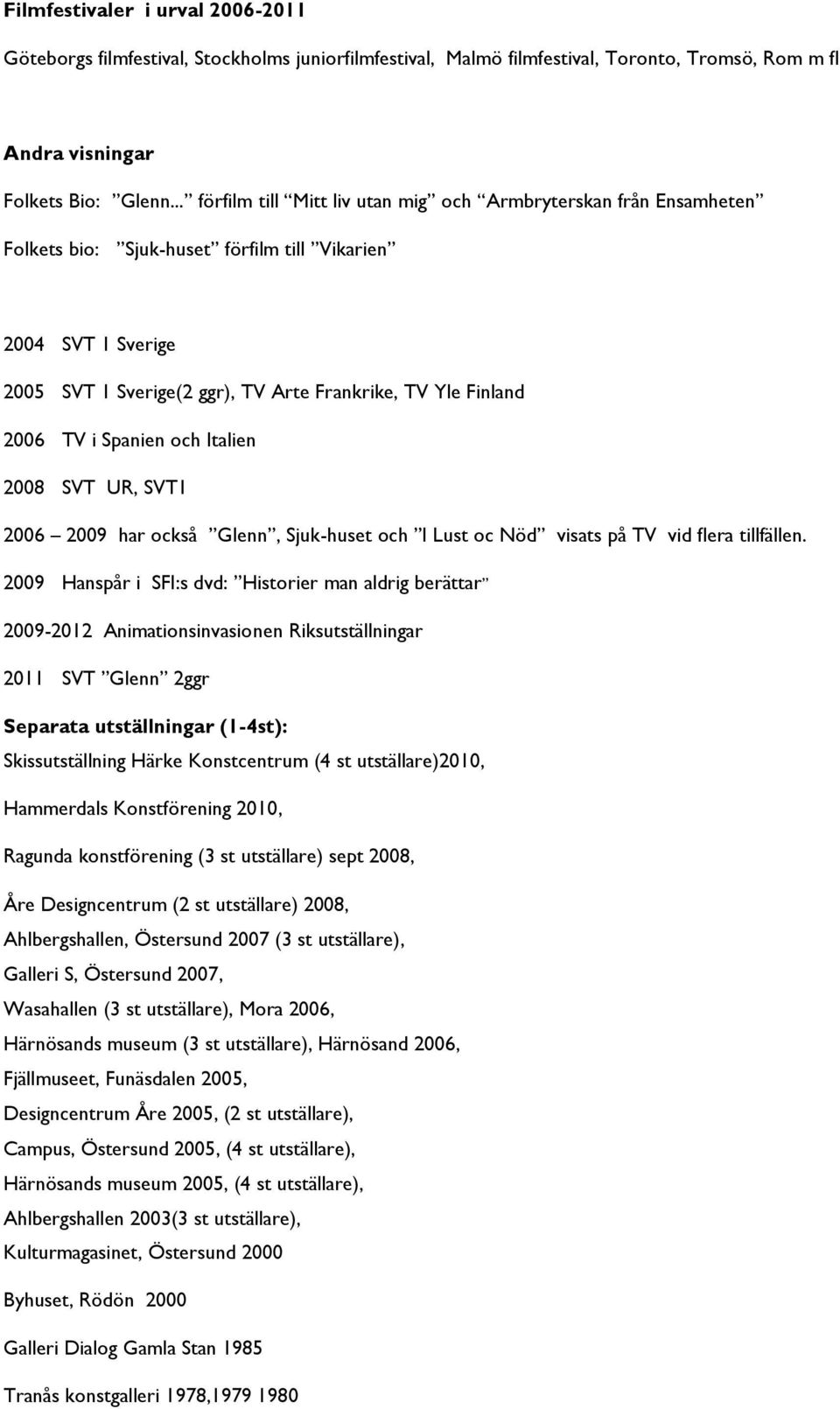 TV i Spanien och Italien 2008 SVT UR, SVT1 2006 2009 har också Glenn, Sjuk-huset och I Lust oc Nöd visats på TV vid flera tillfällen.