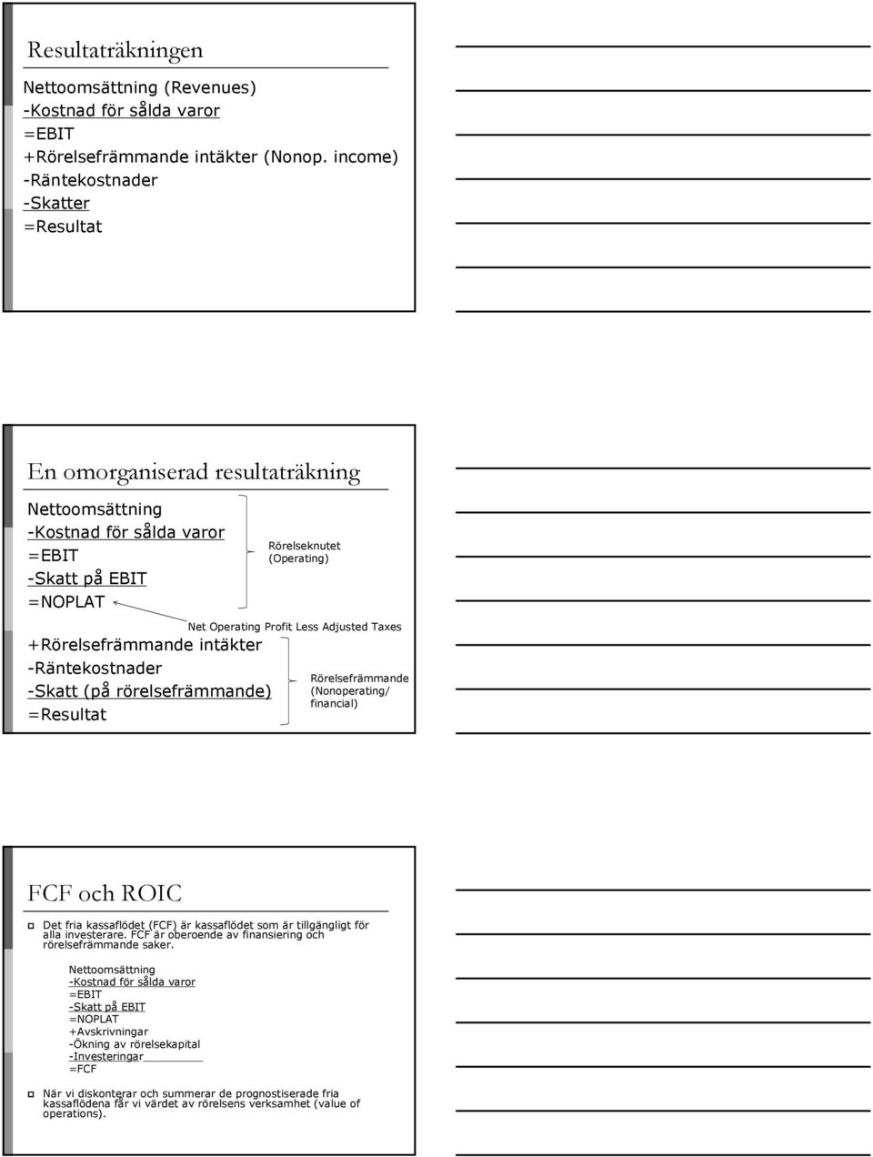 -Räntekostnader -Skatt (på rörelsefrämmande) =Resultat Net Operating Profit Less Adjusted Taxes Rörelsefrämmande (Nonoperating/ financial) FCF och ROIC Det fria kassaflödet (FCF) är kassaflödet som