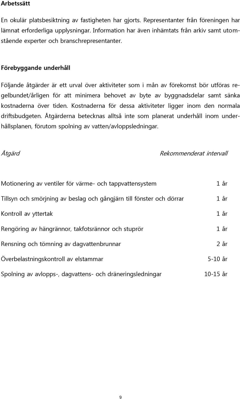 Förebyggande underhåll Följande åtgärder är ett urval över aktiviteter som i mån av förekomst bör utföras regelbundet/årligen för att minimera behovet av byte av byggnadsdelar samt sänka kostnaderna