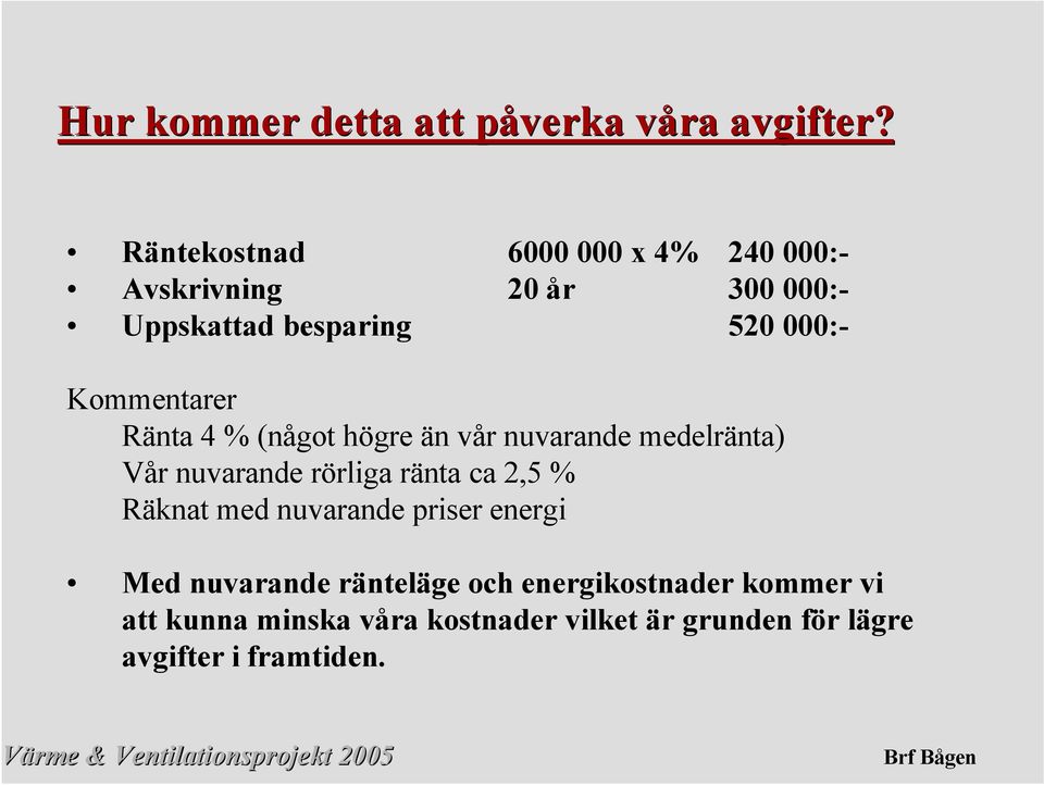 Kommentarer Ränta 4 % (något högre än vår nuvarande medelränta) Vår nuvarande rörliga ränta ca 2,5 %