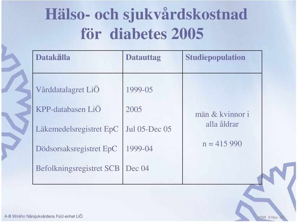 Dödsorsaksregistret EpC Befolkningsregistret SCB 1999-05 2005 Jul