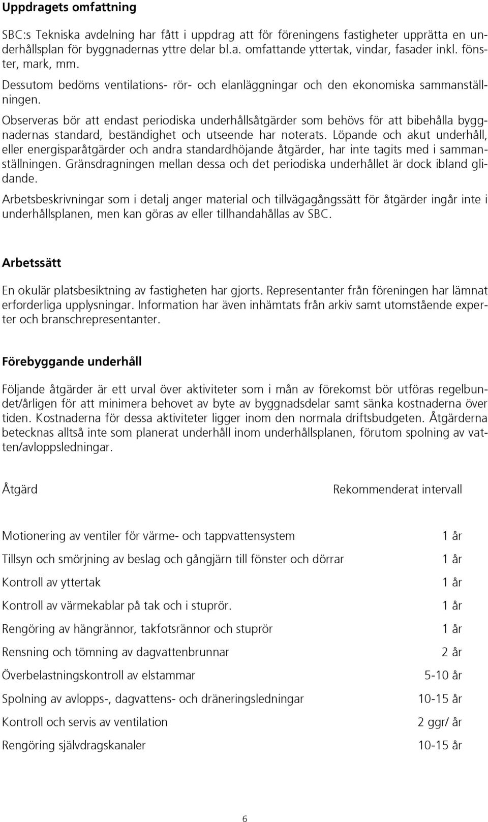 Observeras bör att endast periodiska underhållsåtgärder som behövs för att bibehålla byggnadernas standard, beständighet och utseende har noterats.