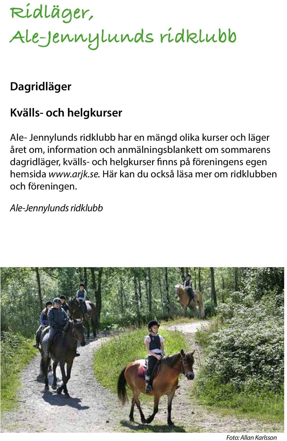 sommarens dagridläger, kvälls- och helgkurser