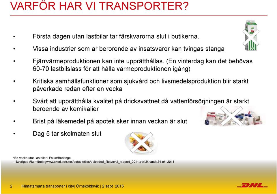 (En vinterdag kan det behövas 60-70 lastbilslass för att hålla värmeproduktionen igång) Kritiska samhällsfunktioner som sjukvård och livsmedelsproduktion blir starkt påverkade redan efter en vecka