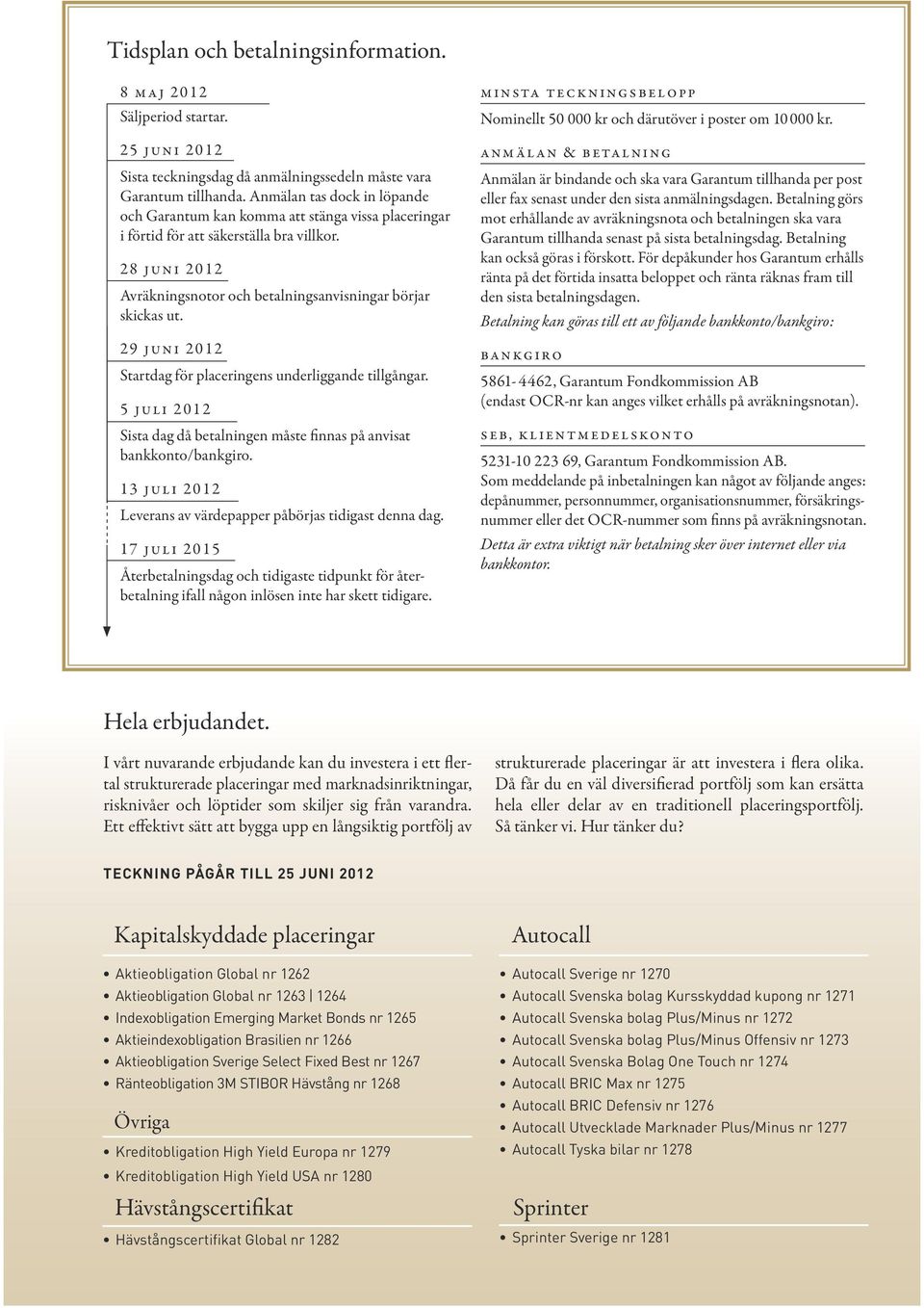 29 juni 212 Startdag för placeringens underliggande tillgångar. 5 juli 212 Sista dag då betalningen måste finnas på anvisat bankkonto/bankgiro.