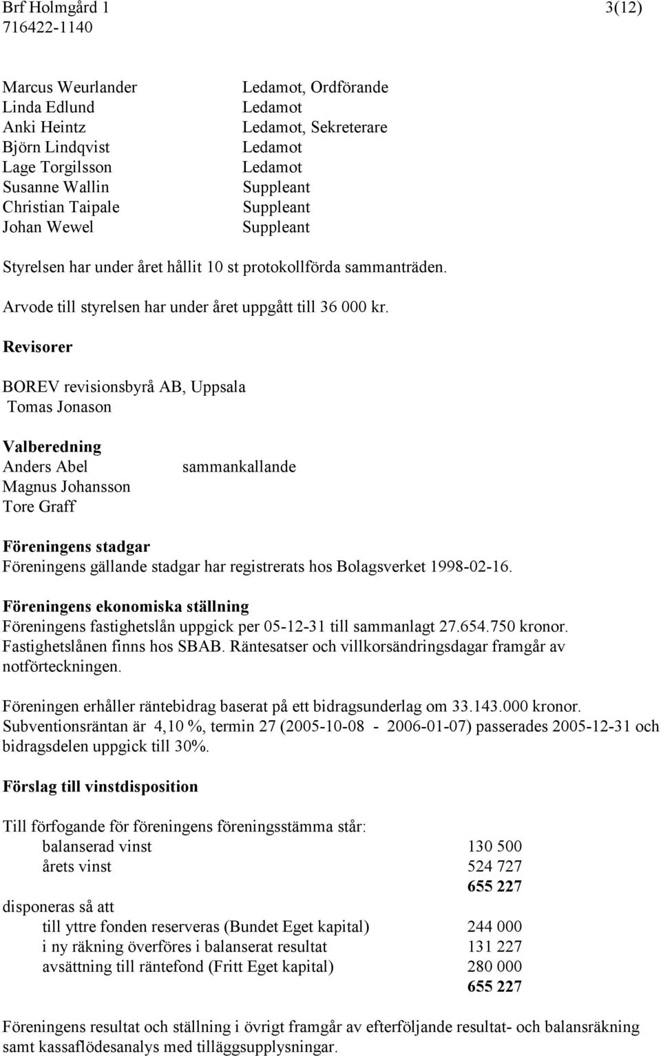 Revisorer BOREV revisionsbyrå AB, Uppsala Tomas Jonason Valberedning Anders Abel Magnus Johansson Tore Graff sammankallande Föreningens stadgar Föreningens gällande stadgar har registrerats hos
