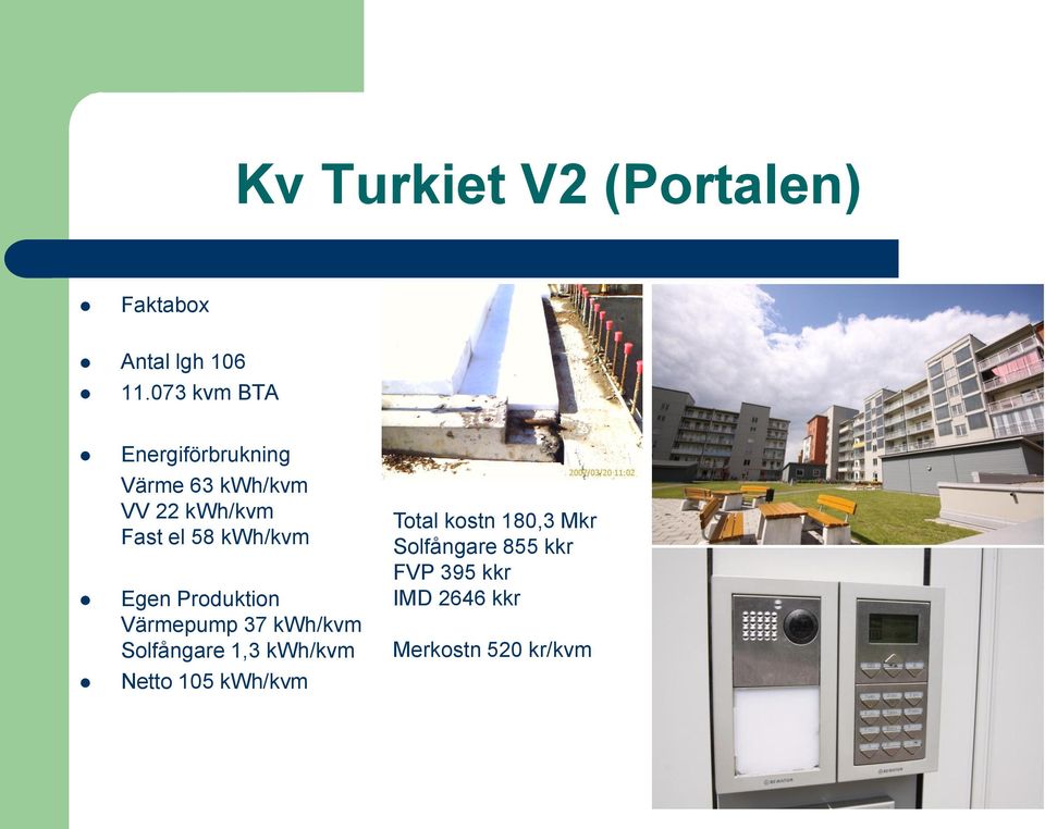 kwh/kvm Egen Produktion Värmepump 37 kwh/kvm Solfångare 1,3 kwh/kvm Netto