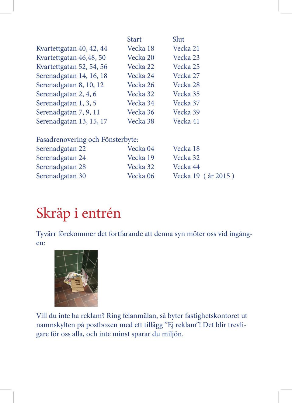 Fasadrenovering och Fönsterbyte: Serenadgatan 22 Vecka 04 Vecka 18 Serenadgatan 24 Vecka 19 Vecka 32 Serenadgatan 28 Vecka 32 Vecka 44 Serenadgatan 30 Vecka 06 Vecka 19 ( år 2015 ) Skräp i entrén