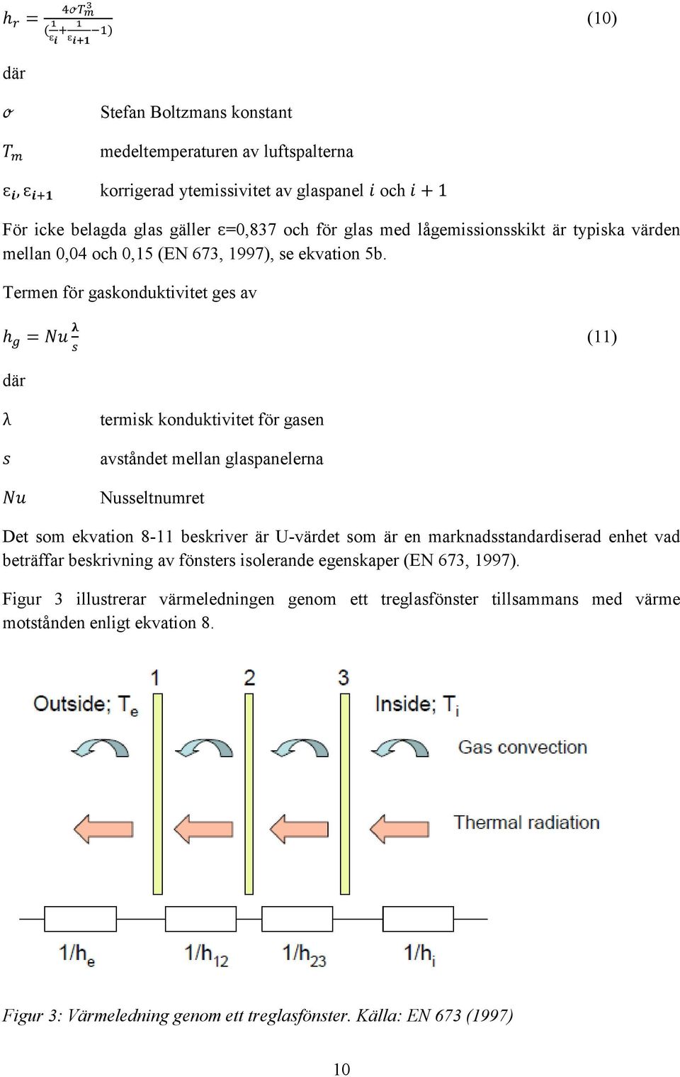 Termen för gaskonduktivitet ges av h g = Nu λ s (11) där λ s Nu termisk konduktivitet för gasen avståndet mellan glaspanelerna Nusseltnumret Det som ekvation 8-11 beskriver är U-värdet som är en
