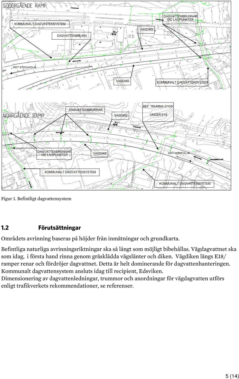 Vägdagvattnet ska som idag, i första hand rinna genom gräsklädda vägslänter och diken. Vägdiken längs E18/ ramper renar och fördröjer dagvattnet.