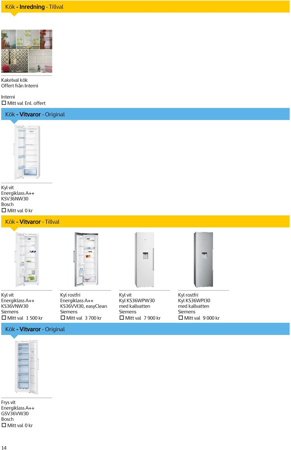 KS36VNW30 Siemens Mitt val 1 500 kr Kyl rostfri Energiklass A++ KS36VVI30, easyclean Siemens Mitt val 3 700 kr Kyl vit Kyl KS36WPW30