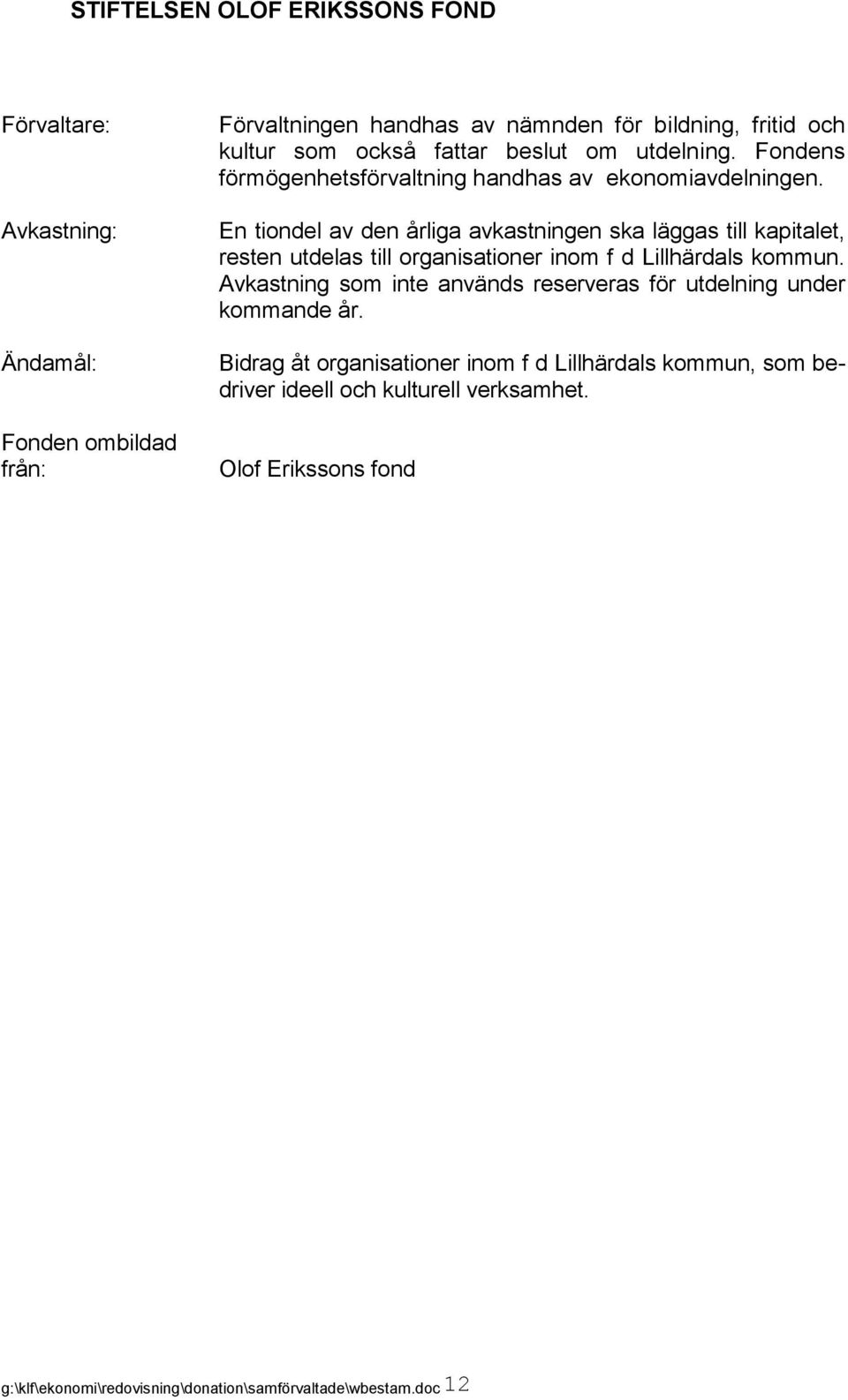 resten utdelas till organisationer inom f d Lillhärdals kommun. Avkastning som inte används reserveras för utdelning under kommande år.