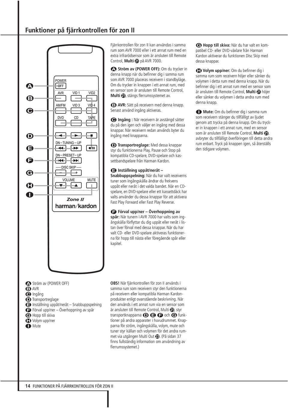 Om du trycker in knappen i ett annat rum, med en sensor som är ansluten till Remote Control, Multi b, stängs flerrumssystemet av. AVR: Sätt på receivern med denna knapp.