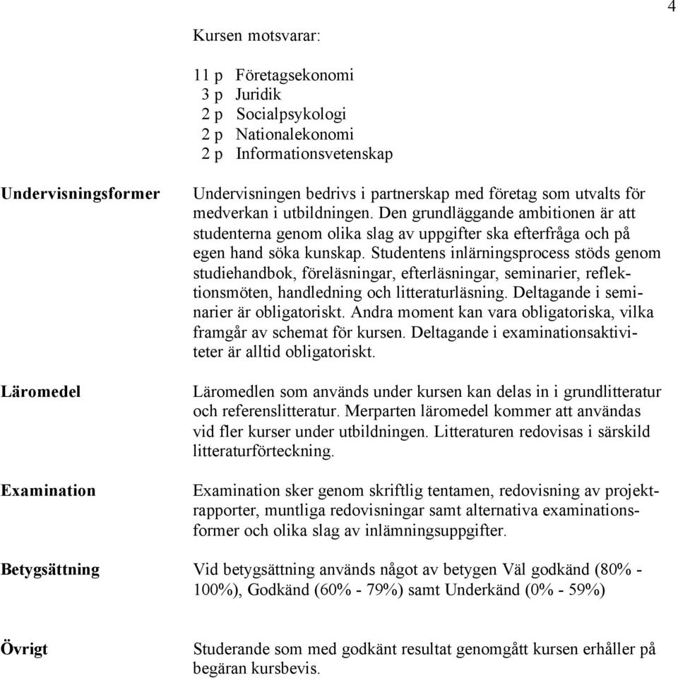 Studentens inlärningsprocess stöds genom studiehandbok, föreläsningar, efterläsningar, seminarier, reflektionsmöten, handledning och litteraturläsning. Deltagande i seminarier är obligatoriskt.