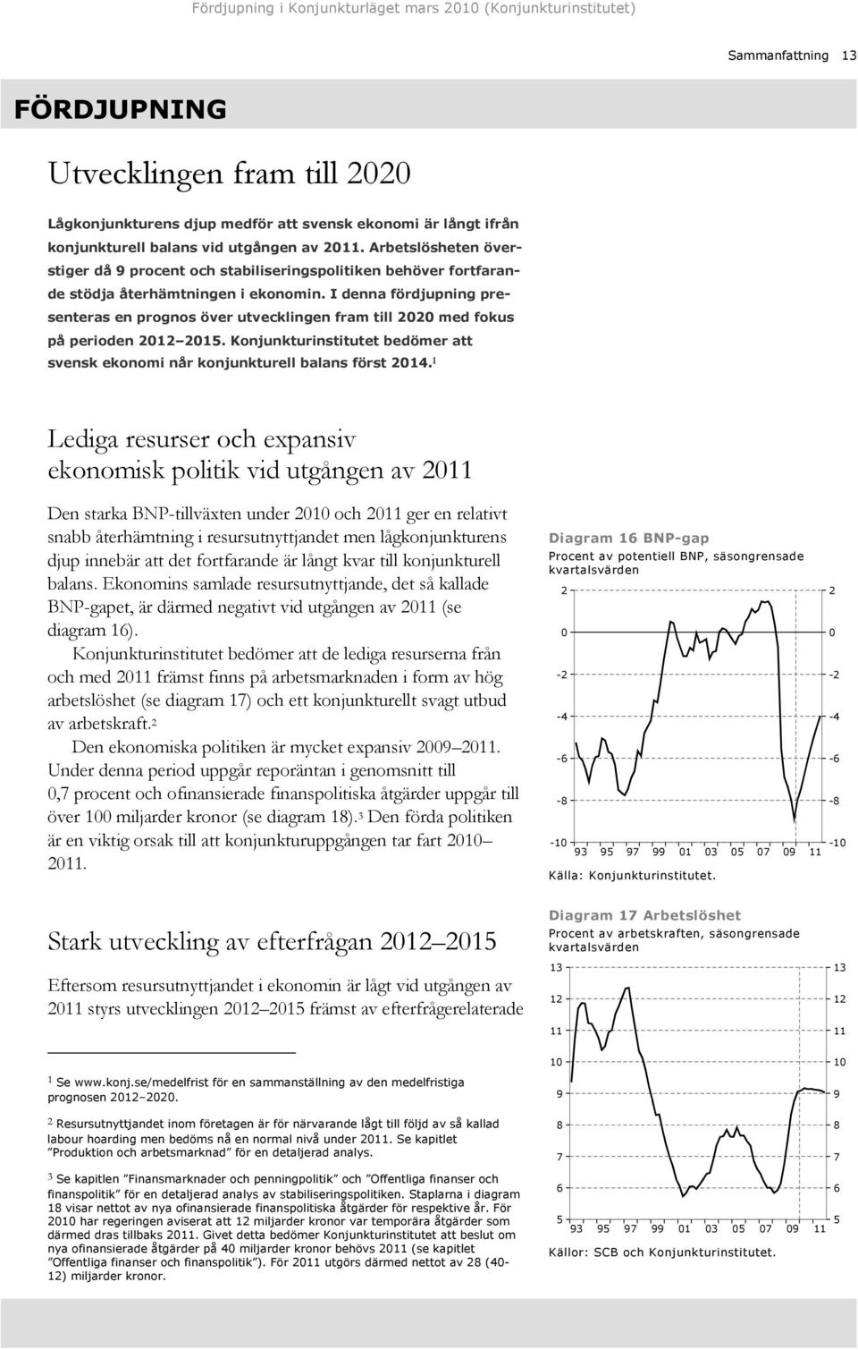 I denna fördjupning presenteras en prognos över utvecklingen fram till med fokus på perioden 1. Konjunkturinstitutet bedömer att svensk ekonomi når konjunkturell balans först 1.