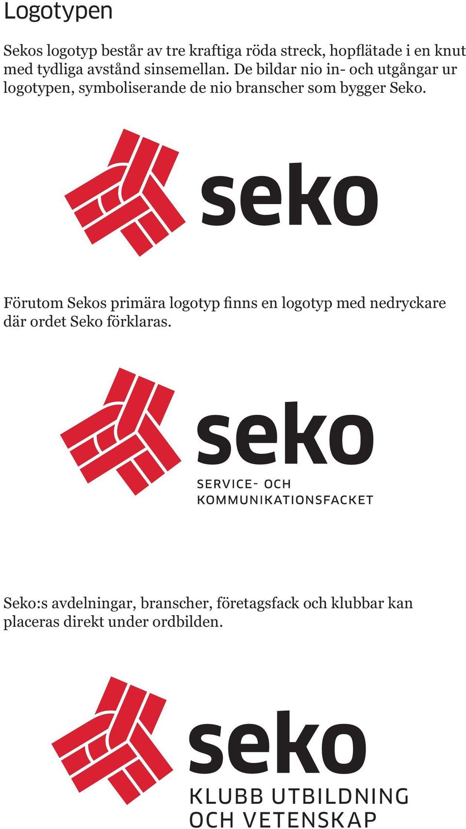 De bildar nio in- och utgångar ur logotypen, symboliserande de nio branscher som bygger Seko.