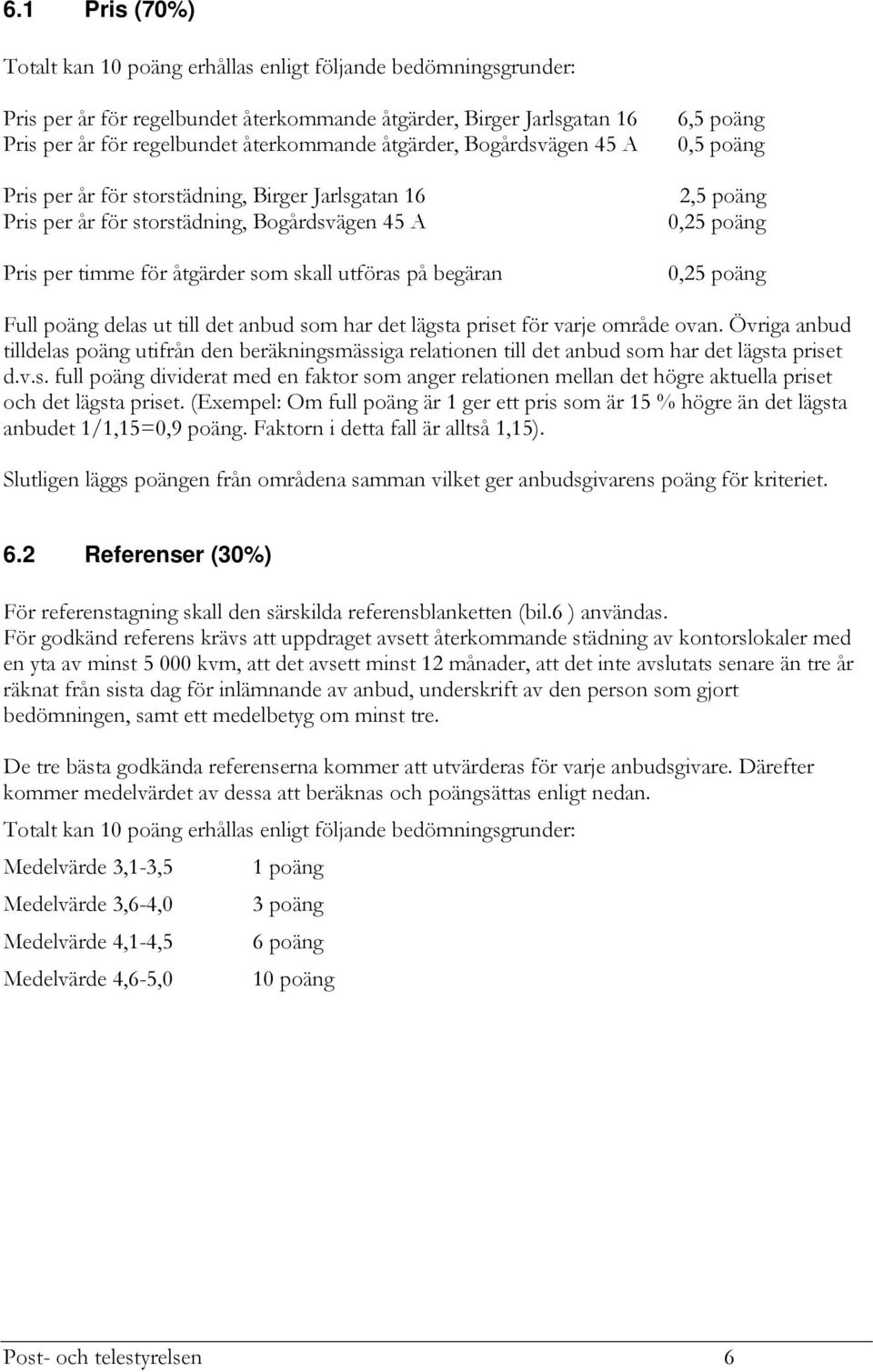 poäng 2,5 poäng 0,25 poäng 0,25 poäng Full poäng delas ut till det anbud som har det lägsta priset för varje område ovan.