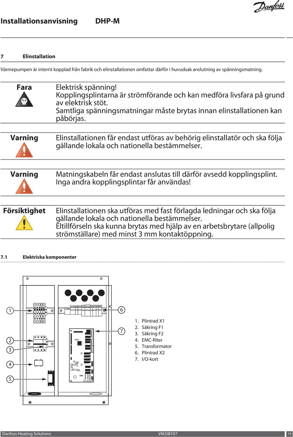 Elinstallationen får endast utföras av behörig elinstallatör och ska följa gällande lokala och nationella bestämmelser. Varning Matningskabeln får endast anslutas till därför avsedd kopplingsplint.