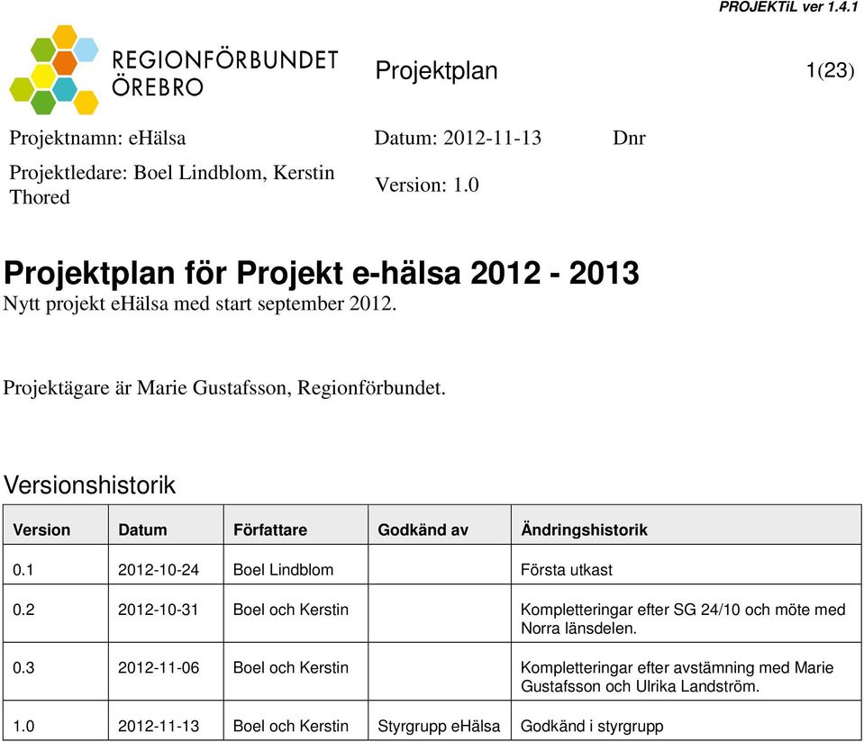 1 2012-10-24 Boel Lindblom Första utkast 0.2 2012-10-31 Boel och Kerstin Kompletteringar efter SG 24/10 och möte med Norra länsdelen.