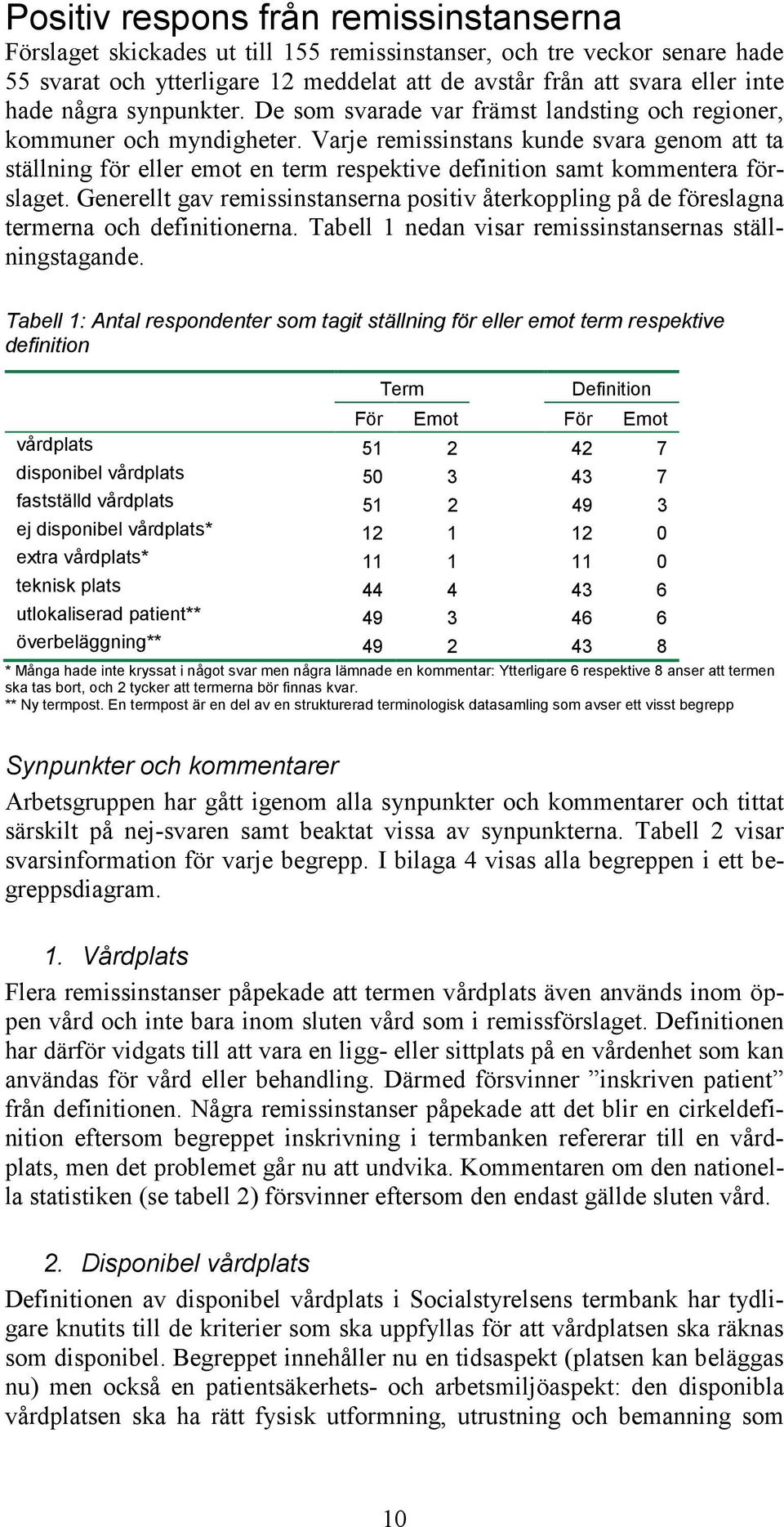 Varje remissinstans kunde svara genom att ta ställning för eller emot en term respektive definition samt kommentera förslaget.