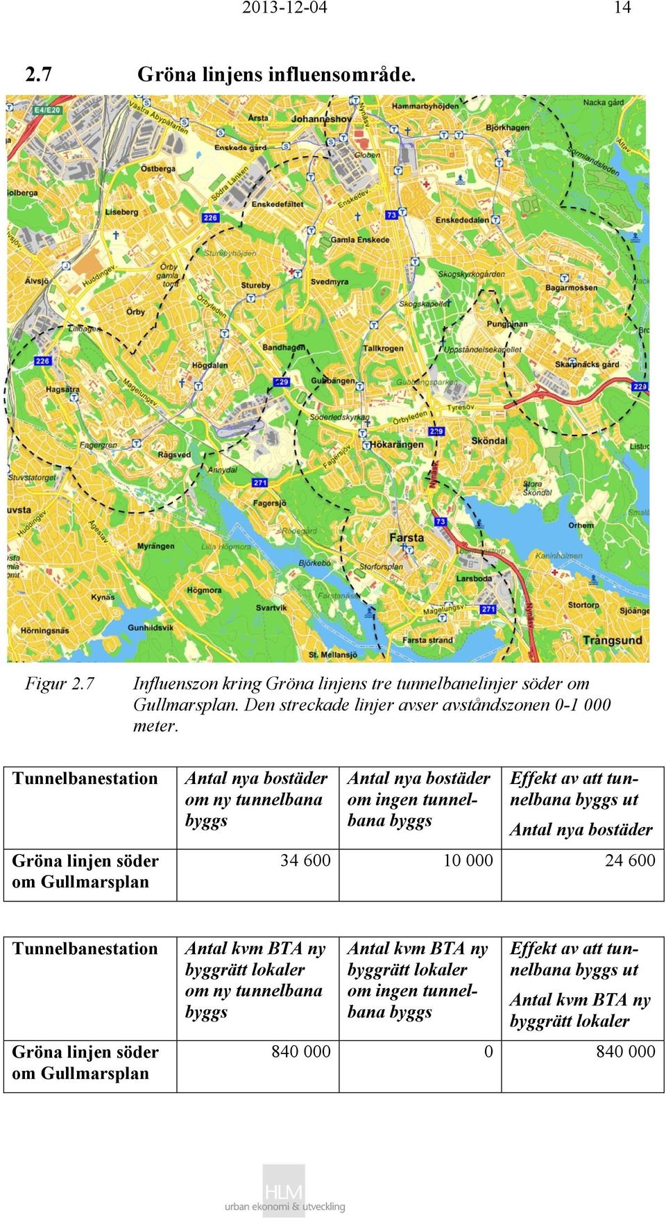 Gullmarsplan. Den streckade linjer avser avståndszonen 0-1 000 meter.