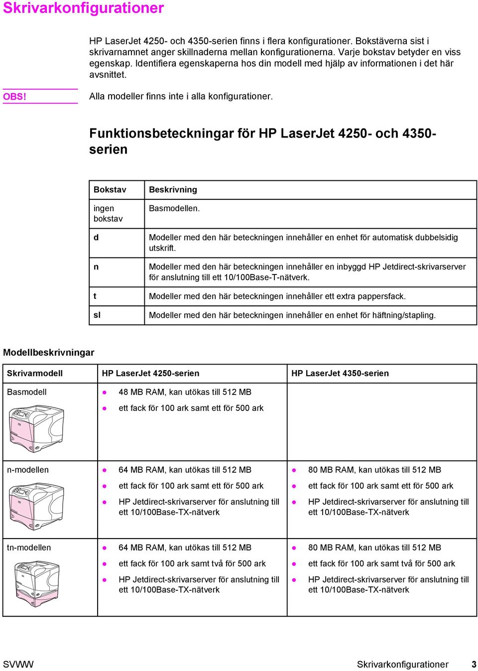 Funktionsbeteckningar för HP LaserJet 4250- och 4350- serien Bokstav ingen bokstav d n t sl Beskrivning Basmodellen.