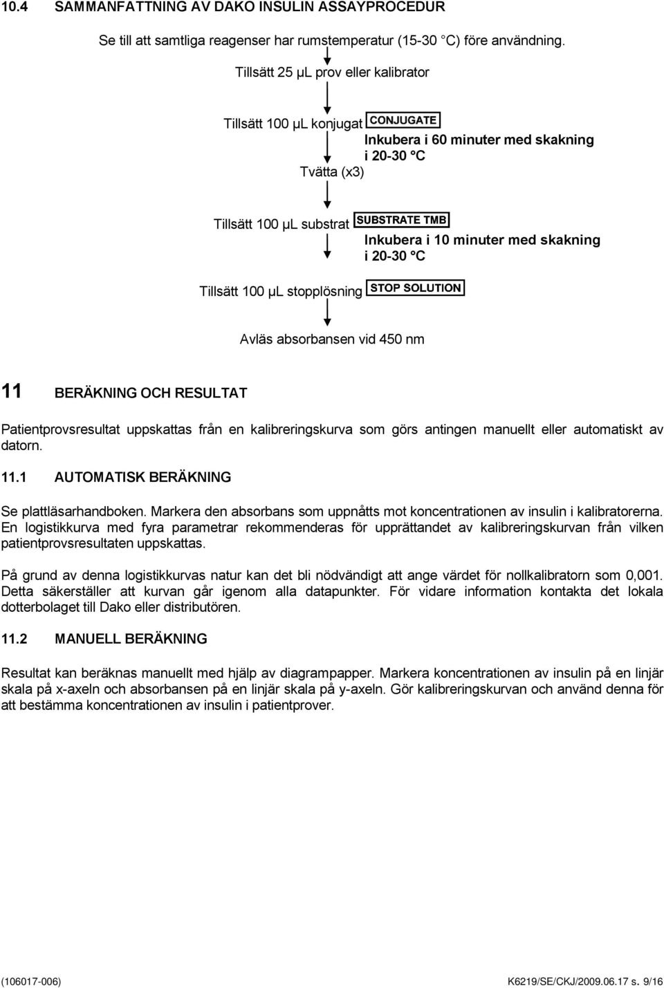 µl stopplösning Avläs absorbansen vid 450 nm 11 BERÄKNING OCH RESULTAT Patientprovsresultat uppskattas från en kalibreringskurva som görs antingen manuellt eller automatiskt av datorn. 11.1 AUTOMATISK BERÄKNING Se plattläsarhandboken.