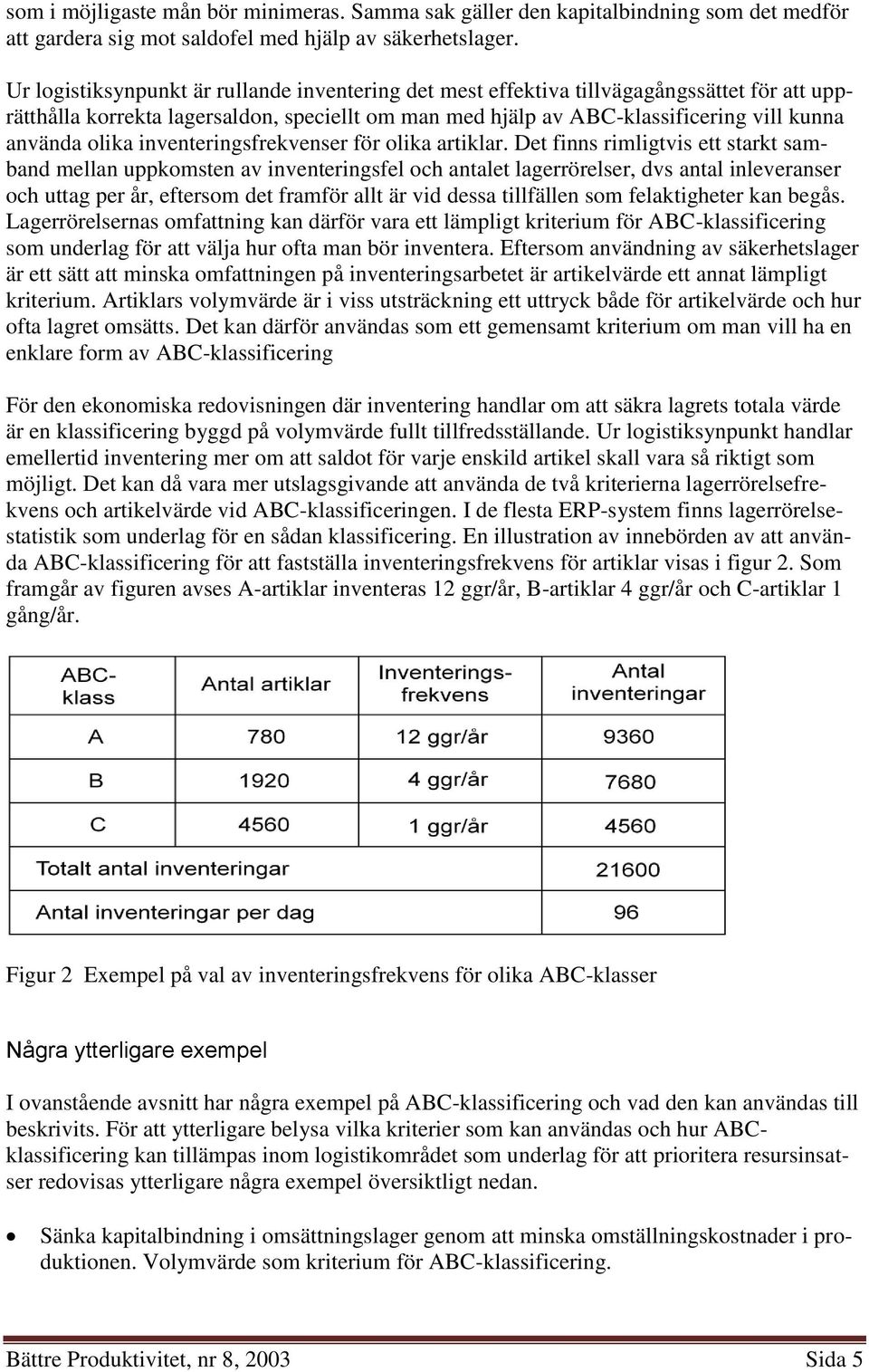 inventeringsfrekvenser för olika artiklar.