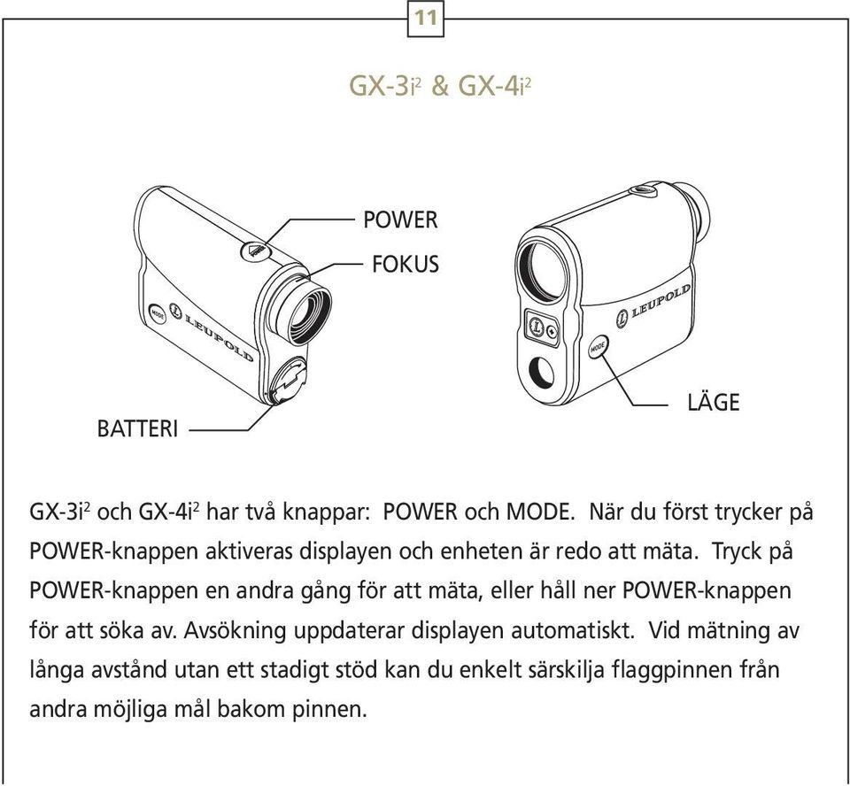 Tryck på POWER-knappen en andra gång för att mäta, eller håll ner POWER-knappen för att söka av.