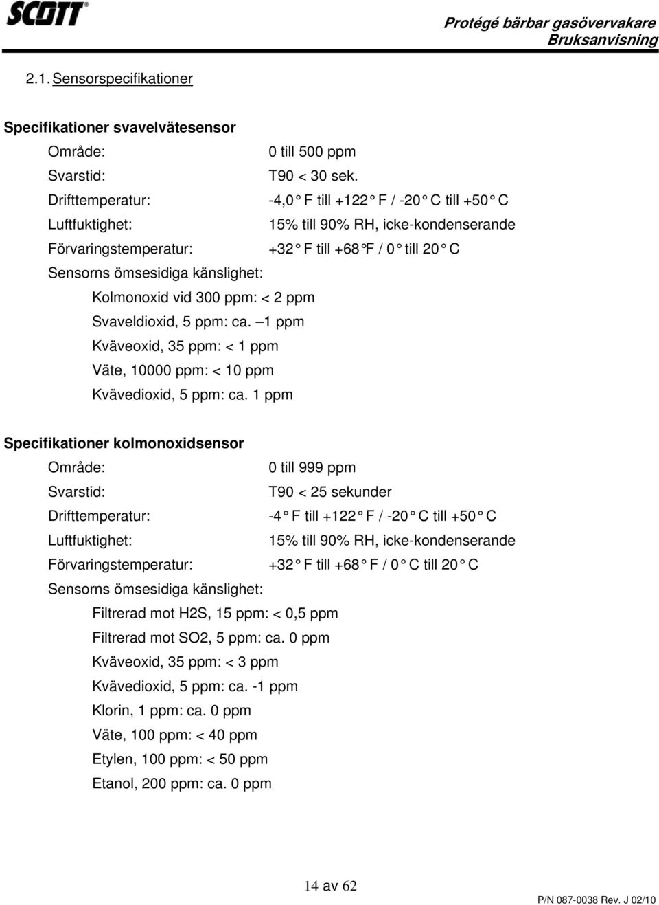 Kolmonoxid vid 300 ppm: < 2 ppm Svaveldioxid, 5 ppm: ca. 1 ppm Kväveoxid, 35 ppm: < 1 ppm Väte, 10000 ppm: < 10 ppm Kvävedioxid, 5 ppm: ca.