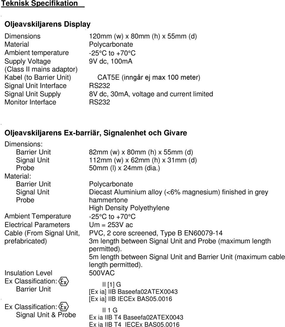 Ex-barriär, Signalenhet och Givare Dimensions: Barrier Unit Signal Unit Probe Material: Barrier Unit Signal Unit Probe Ambient Temperature Electrical Parameters Cable (From Signal Unit,