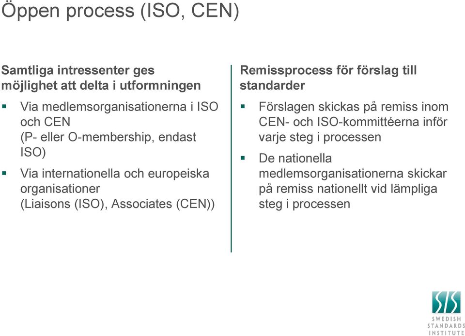 Associates (CEN)) Remissprocess för förslag till standarder Förslagen skickas på remiss inom CEN- och ISO-kommittéerna