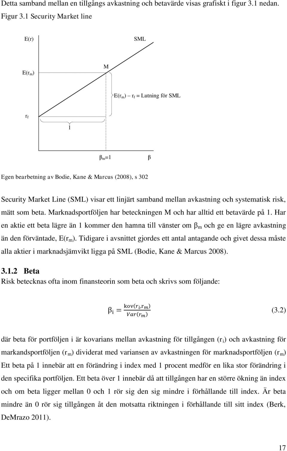 mellan avkastning och systematisk risk, mätt som beta. Marknadsportföljen har beteckningen M och har alltid ett betavärde på 1.