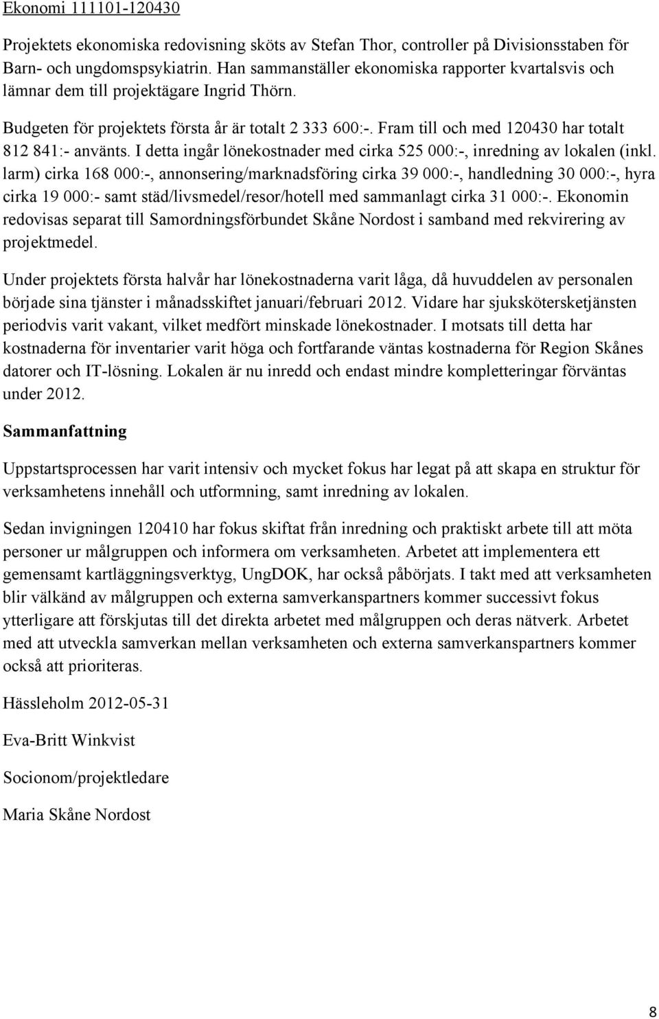 Fram till och med 120430 har totalt 812 841:- använts. I detta ingår lönekostnader med cirka 525 000:-, inredning av lokalen (inkl.