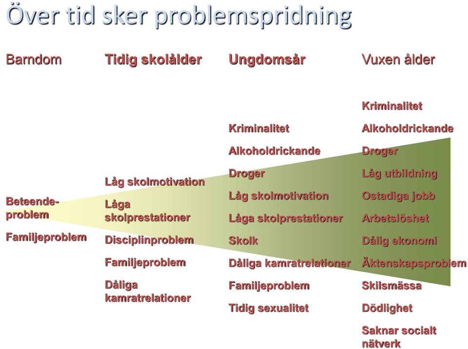 skolprestationer Låg utbildning Ostadiga jobb Arbetslöshet Familjeproblem Disciplinproblem Skolk Dålig ekonomi