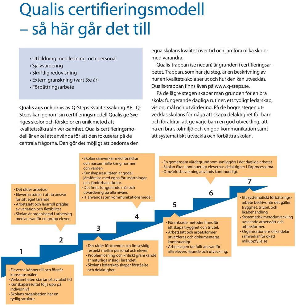 Qualis-certifieringsmodell är enkel att använda för att den fokuserar på de centrala frågorna. Den gör det möjligt att bedöma den egna skolans kvalitet över tid och jämföra olika skolor med varandra.