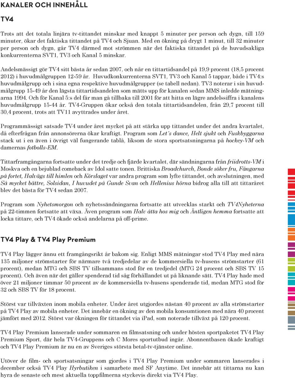 Andelsmässigt gör TV4 sitt bästa år sedan 2007, och når en tittartidsandel på 19,9 procent (18,5 procent 2012) i huvudmålgruppen 12-59 år.