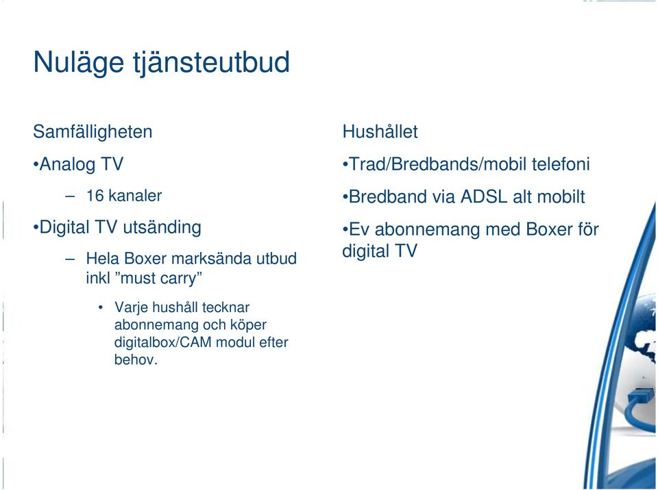 Trad/Bredbands/mobil telefoni Bredband via ADSL alt mobilt Ev abonnemang